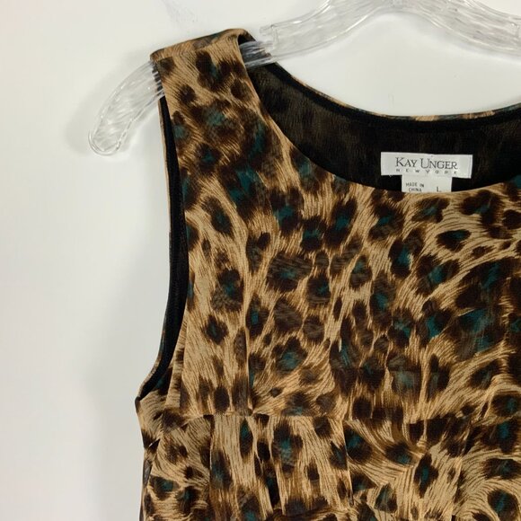 New Kay Unger Tiered Ruffle Mesh Leopard Pattern Sleeveless Dress Large - Picture 11 of 16